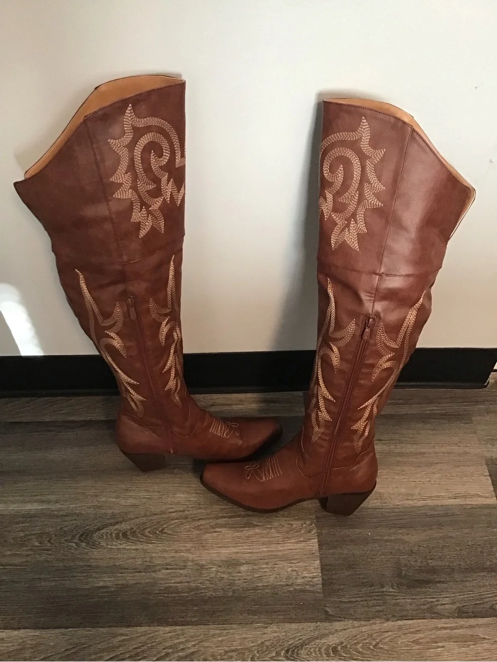 Women’s Brown Embroidered Over-the-Knee Western Boots